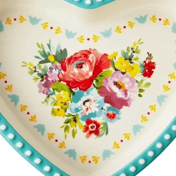 🌺 New Pioneer Woman 2-Piece Heart Shaped Ceramic Dish, Teal Blue & Pink Gingham - Picture 5 of 9
